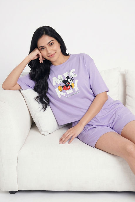 Zivame Mickey & Friends Knit Cotton Loungewear Short Set - Pastel Lilac — image 4